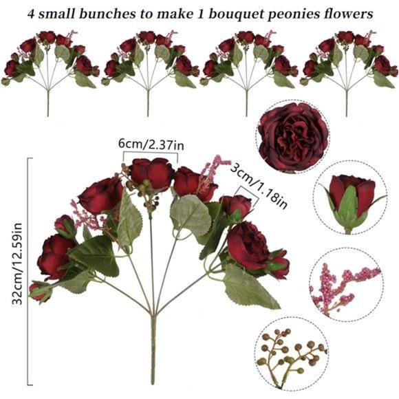 Artificial Peonies Silk Flowers, Burgundy Faux Peony Bouquet 4 Bundles Florals - Picture 2 of 6